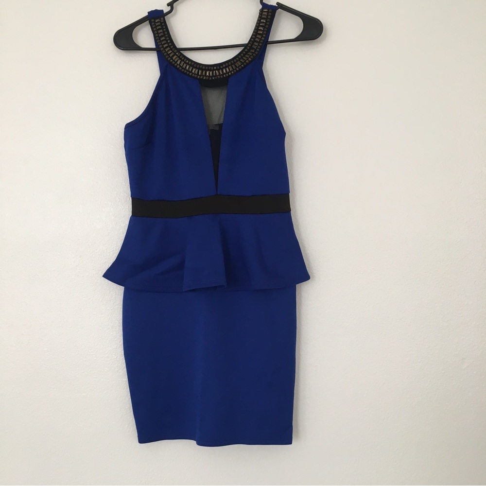 Black and Blue Mesh V-Neck Peplum Dress